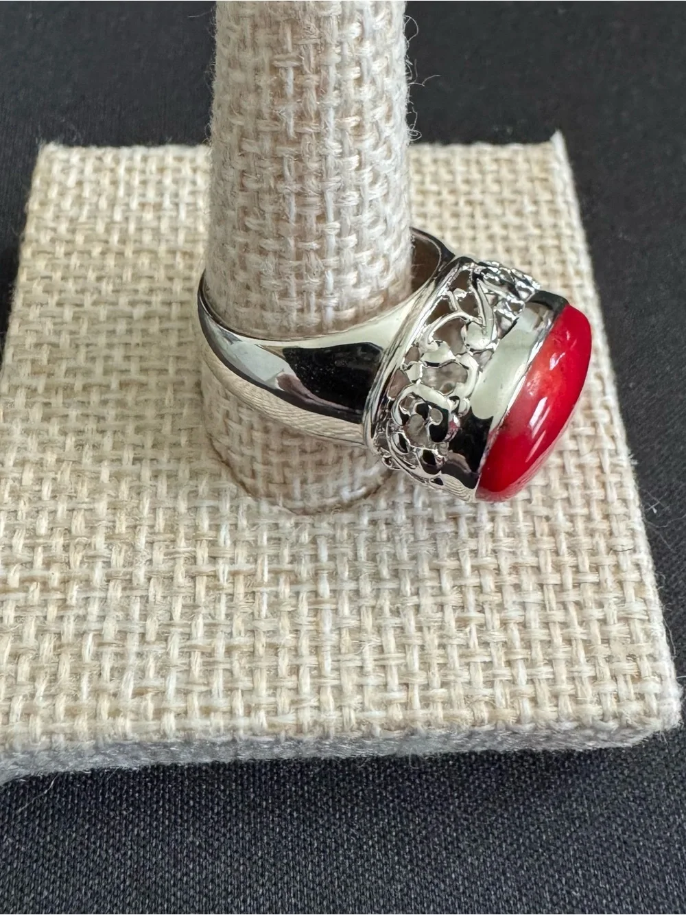 Red Coral Oval Cabochon Stone Ring w/ Sterling Filigree Design Surrounding Stone